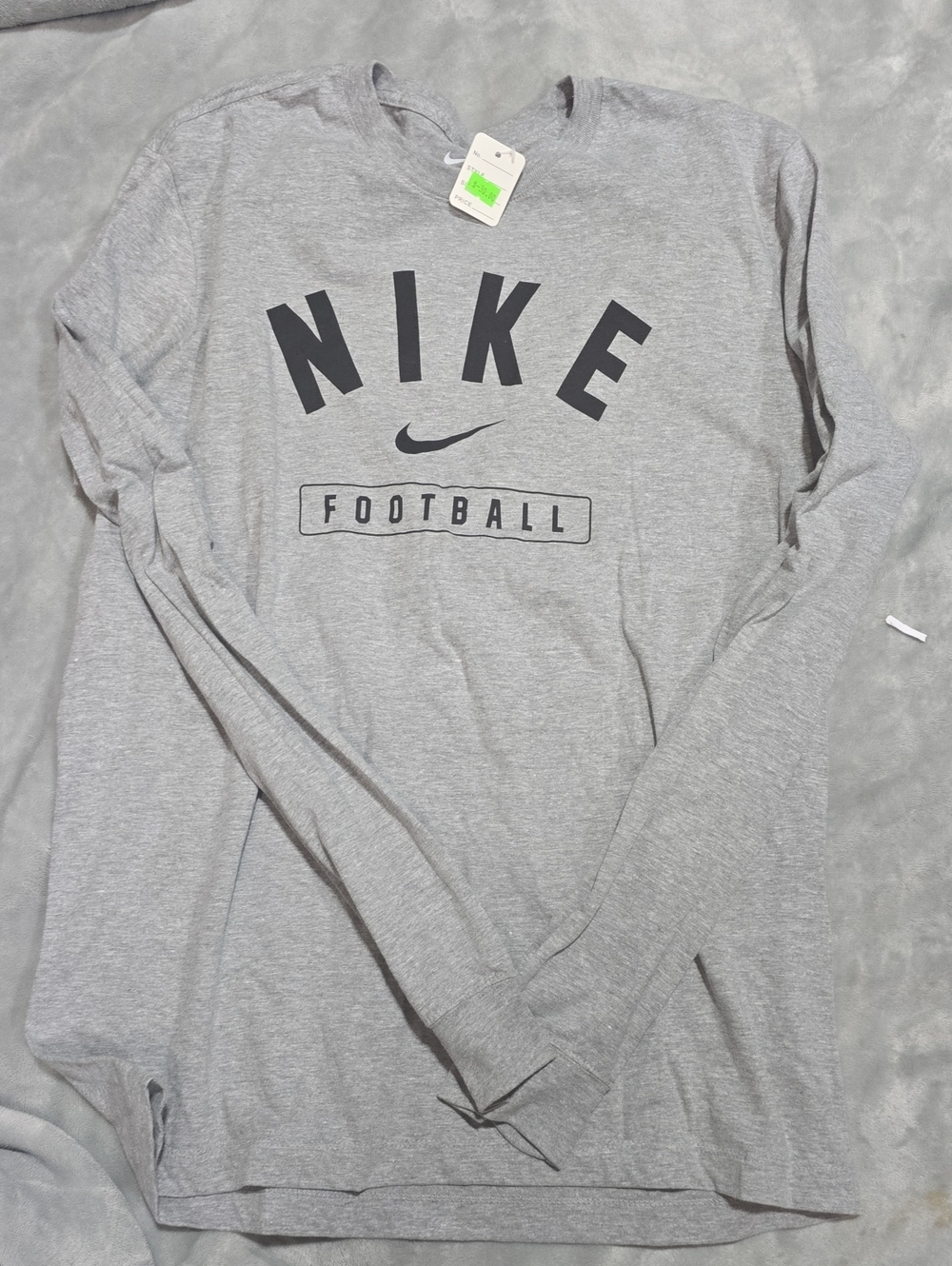 Nike Light Gray Long Sleeve Football Tee with Black Logo